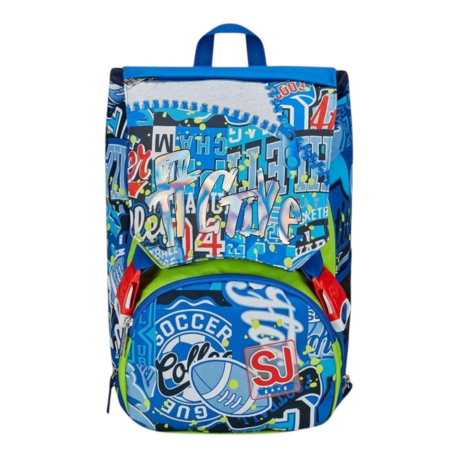Quiscuola.it blue and green expandable backpack with basketball graphics and "Active" text. Features red clips and a flip system.