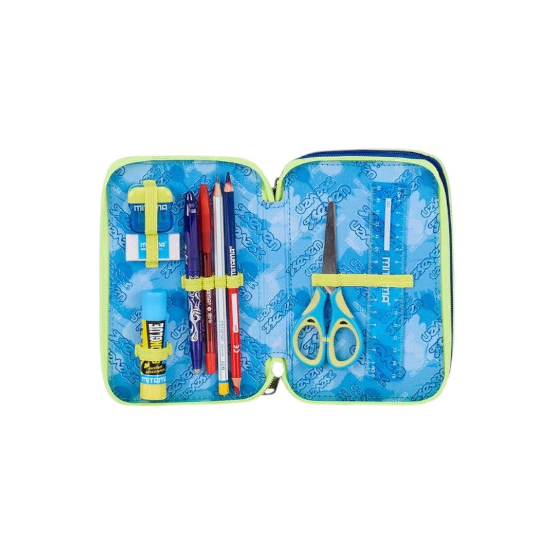 Astuccio Seven 3 Zip Blu Fusion completo scuola.