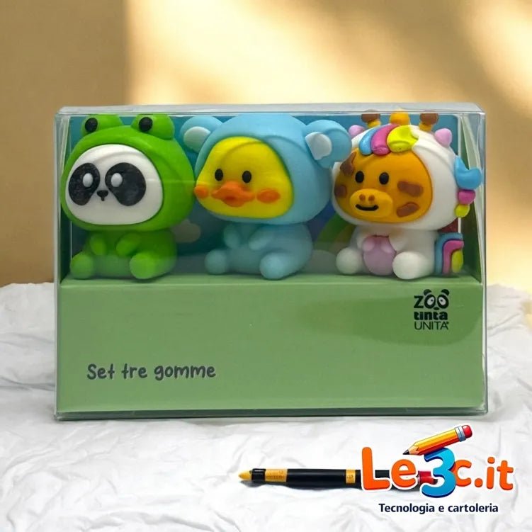 Set Gomme da Collezione Tinta Unita Zoo – 3 Gomme a Forma di Animali - Quiscuola