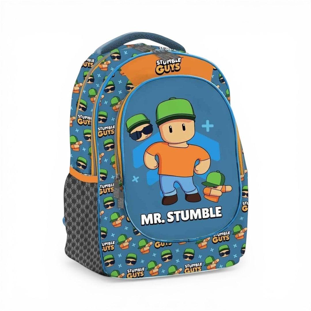 Quiscuola.it Stumble Guys Mr. Stumble blue and orange backpack for primary school children with character graphics and adjustable straps.