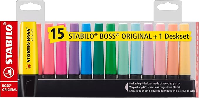 Stabilo BOSS ORIGINAL – Desk Set con 15 Evidenziatori (9 Neon + 6 Pastel) - Quiscuola