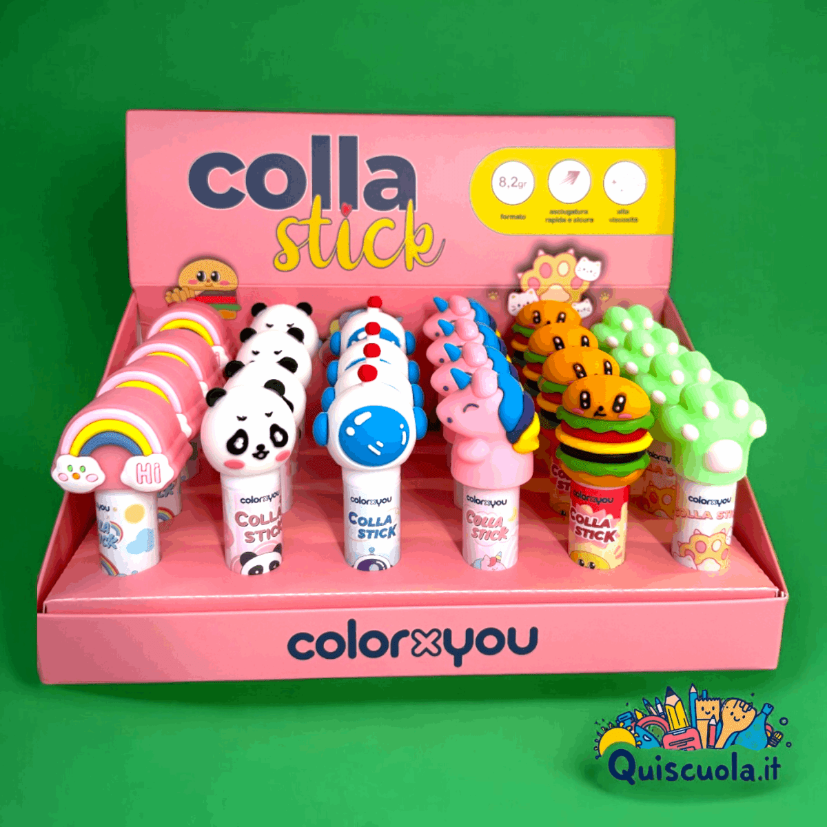 Colla Stick Coloryou 8.2 g – Fantasie Arcobaleno, Panda, Astronauta, Unicorno, Panino e Zampetta - Quiscuola