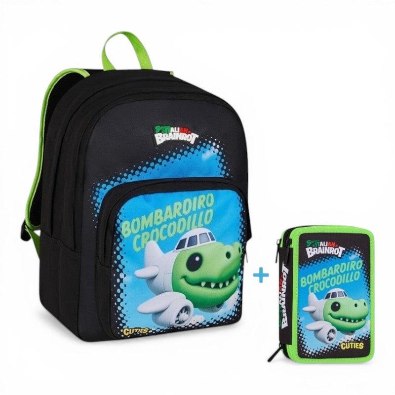 Zaino scuola Seven Bombardiro Crocodillo Brainrot con astuccio 3 zip.