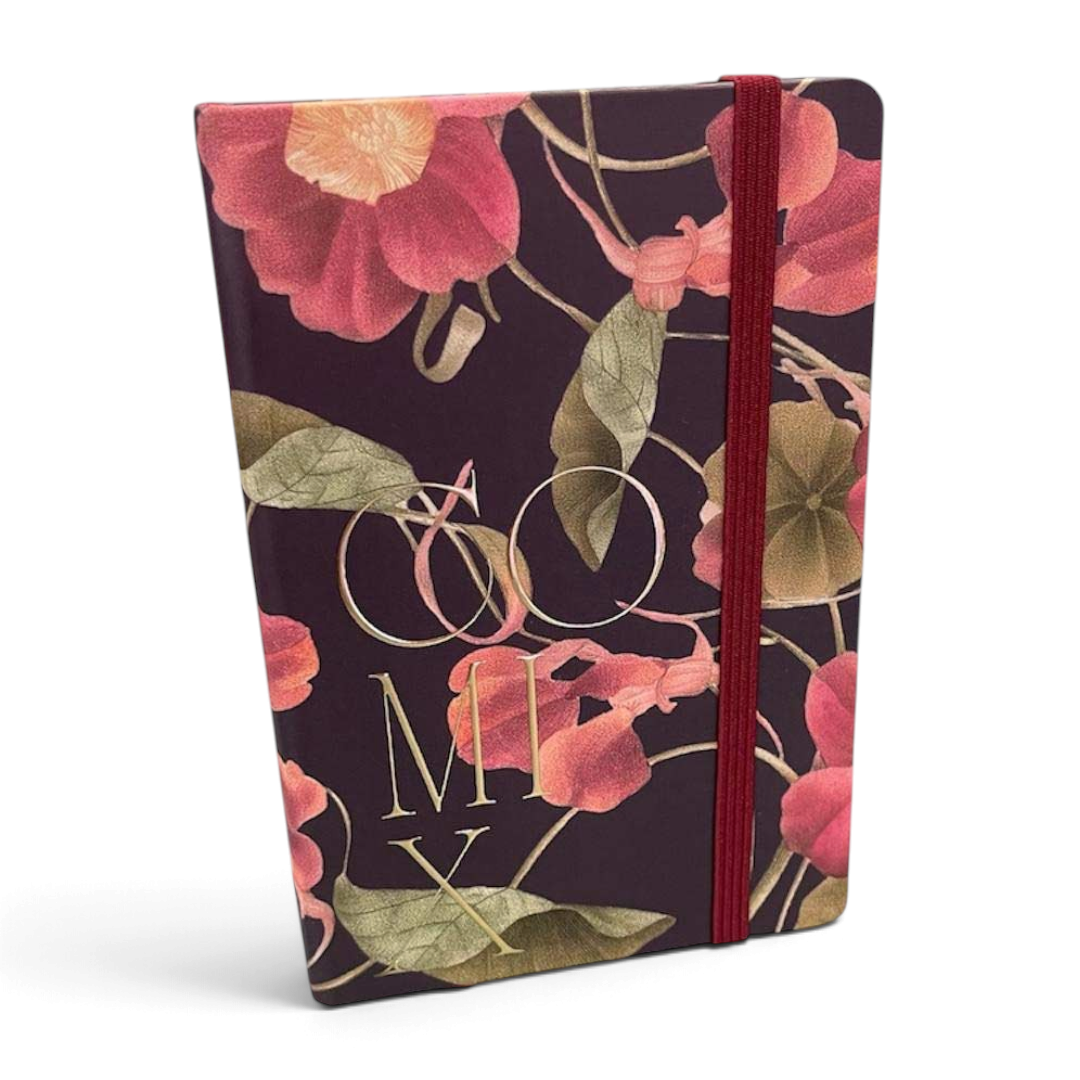 Copertina Bordeaux Flowers con fiori rosa corallo, dettagli dorati ed elastico rosso/bordeaux - foto 1