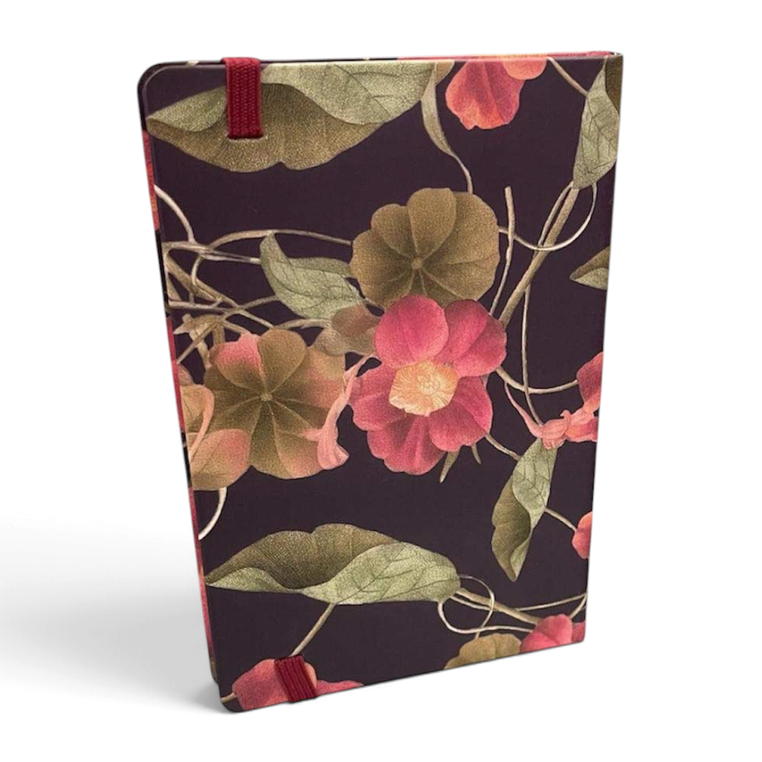 Copertina Bordeaux Flowers con fiori rosa corallo, dettagli dorati ed elastico rosso/bordeaux - foto 2