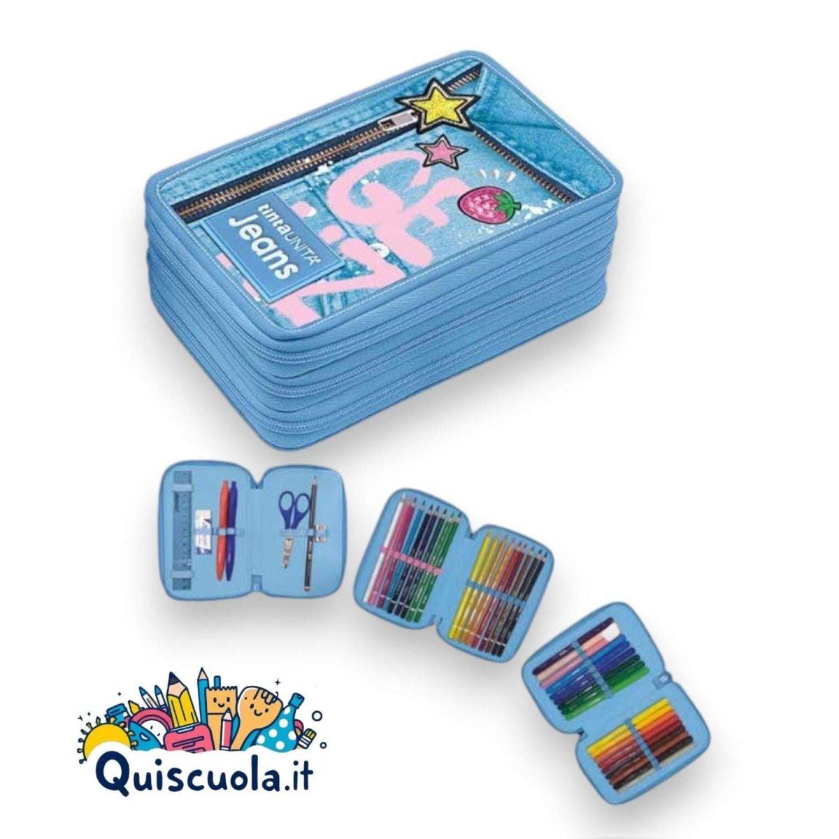 Astuccio 3 Zip Genz Tinta Unita Jeans - Completo di Accessori.
