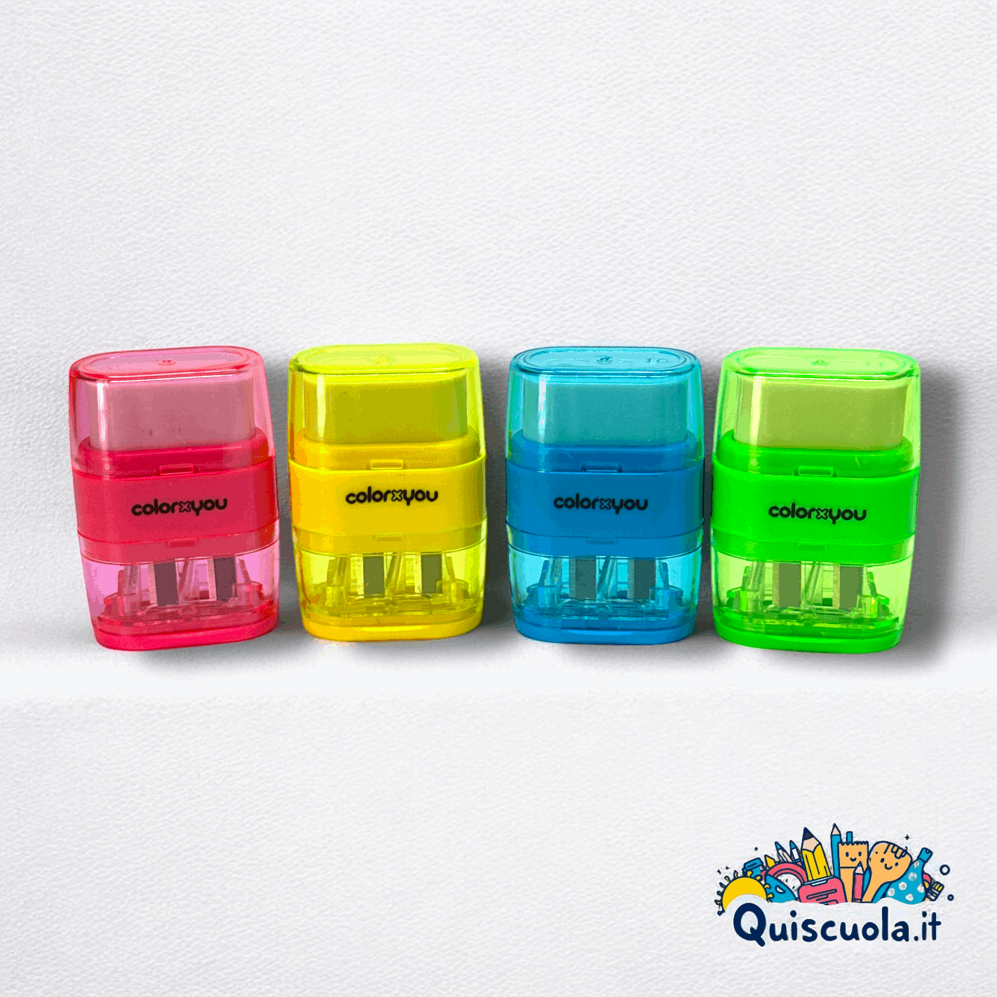 Temperino 2 Fori con Serbatoio e Gomma – ColourYou, Disponibile in 4 Colori - Quiscuola