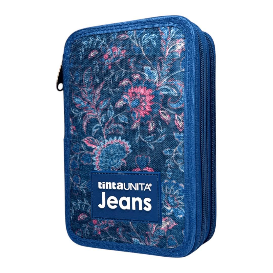 Astuccio 3 Zip Tinta Unita Jeans Flower - Completo di Accessori.