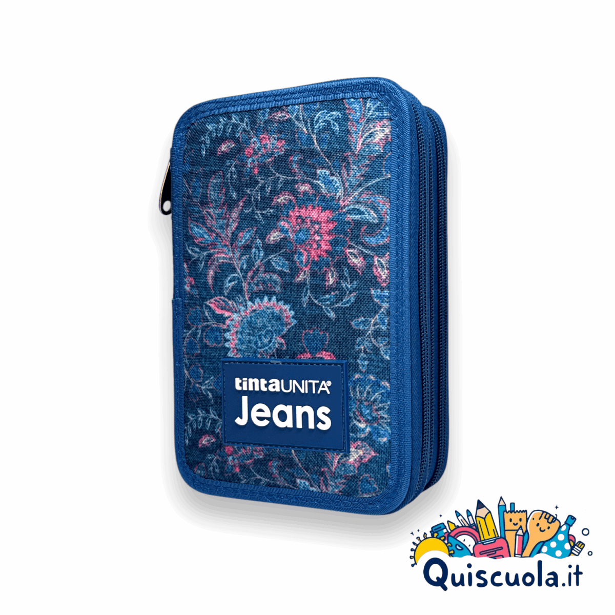 Astuccio 3 Zip Tinta Unita Jeans Flower - Completo di Accessori - Quiscuola