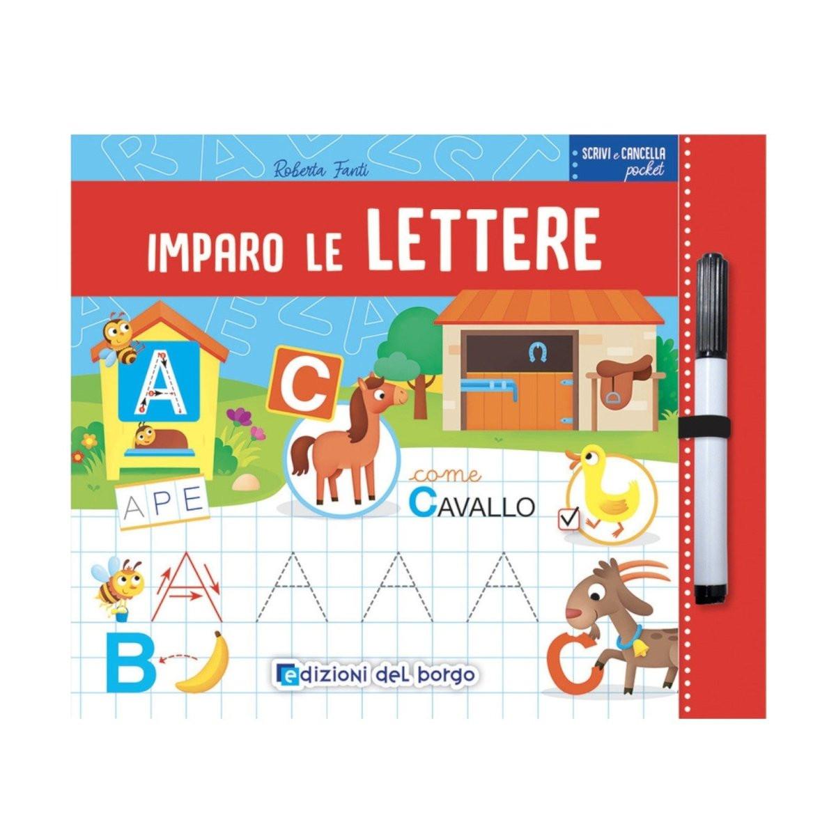 Libro lavagna Imparo le lettere Scrivi e cancella pocket con pennarello.