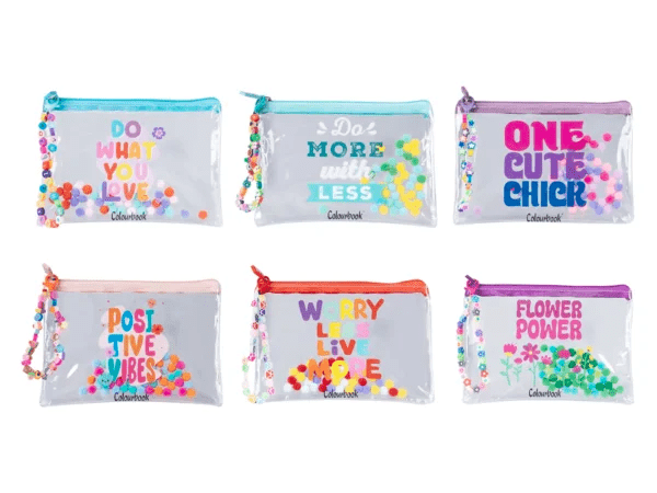 Soft Bubbles pochette trasparente con bollicine colorate.