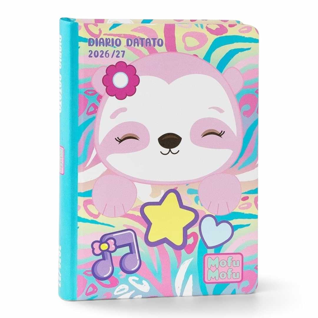 Quiscuola.it – Zaini, Astucci e Diari Scuola Mofu Mofu 2026/27 daily planner with a cute pink sloth and star design.