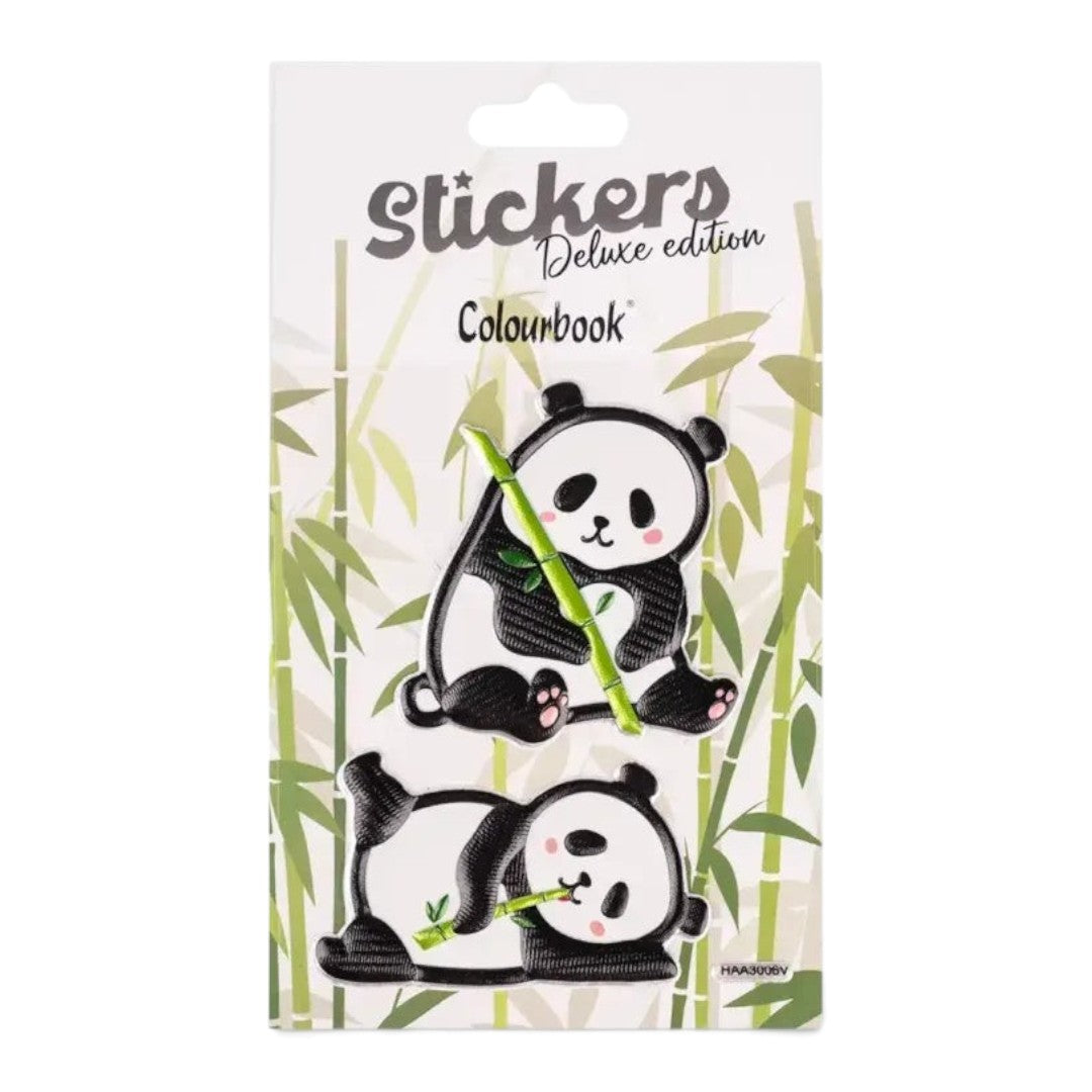 Quiscuola.it – Zaini, Astucci e Diari Scuola 3D panda stickers with pop-up effect on a bamboo-themed backing card