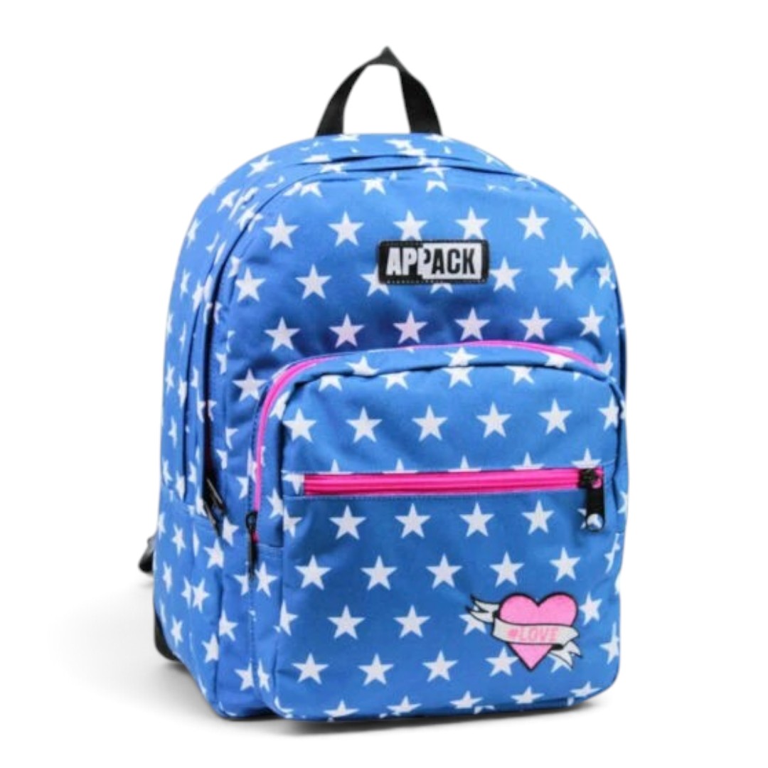 Quiscuola.it – Zaini, Astucci e Diari Scuola Appack blue school backpack with white stars and pink heart detail