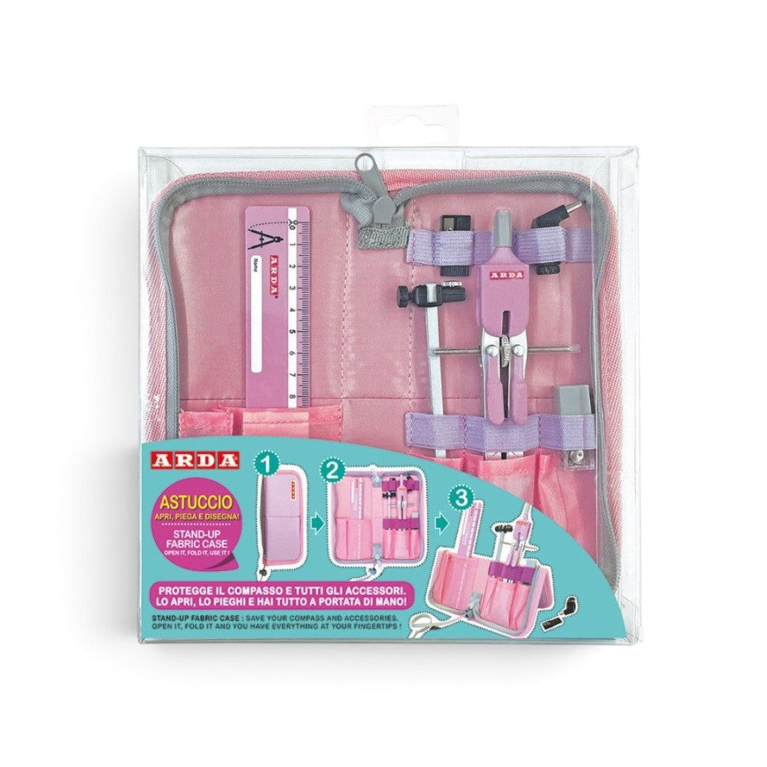Quiscuola.it – Zaini, Astucci e Diari Scuola Arda pastel pink friction compass set with stand-up fabric case