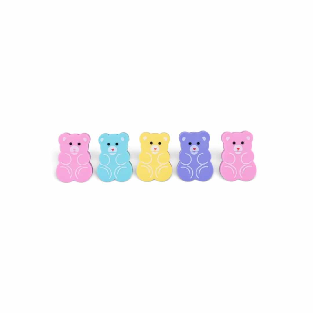 Quiscuola.it – Zaini, Astucci e Diari Scuola set of five pastel bear-shaped erasers in pink, blue, yellow, and purple.