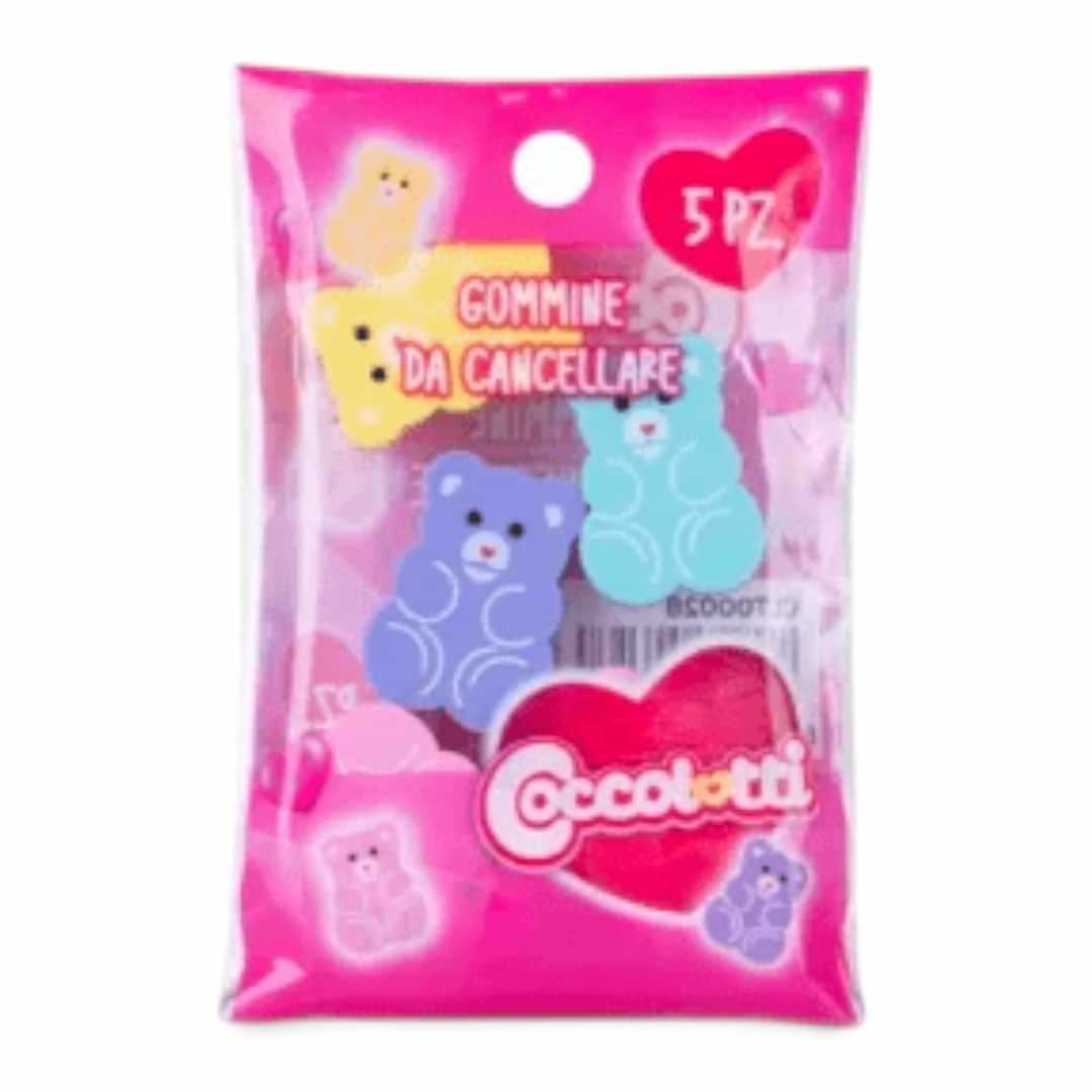 Quiscuola.it – Zaini, Astucci e Diari Scuola set of 5 pastel bear-shaped erasers in a clear pink plastic pouch