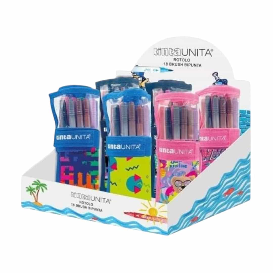 Quiscuola.it – Zaini, Astucci e Diari Scuola display box containing assorted Tinta Unita brush marker rolls