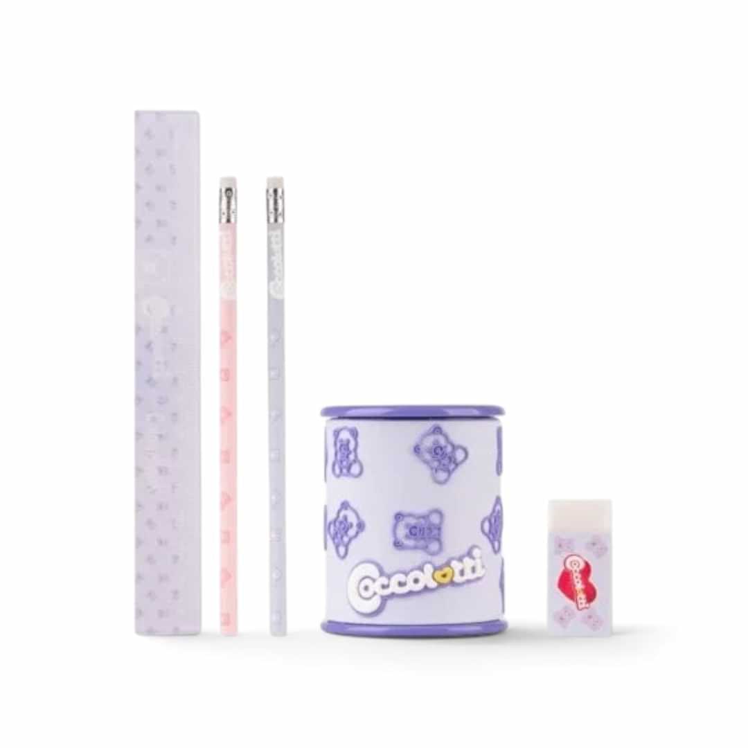 Quiscuola.it – Zaini, Astucci e Diari Scuola Coccolotti stationery set in lilla featuring pencils, eraser, and ruler.