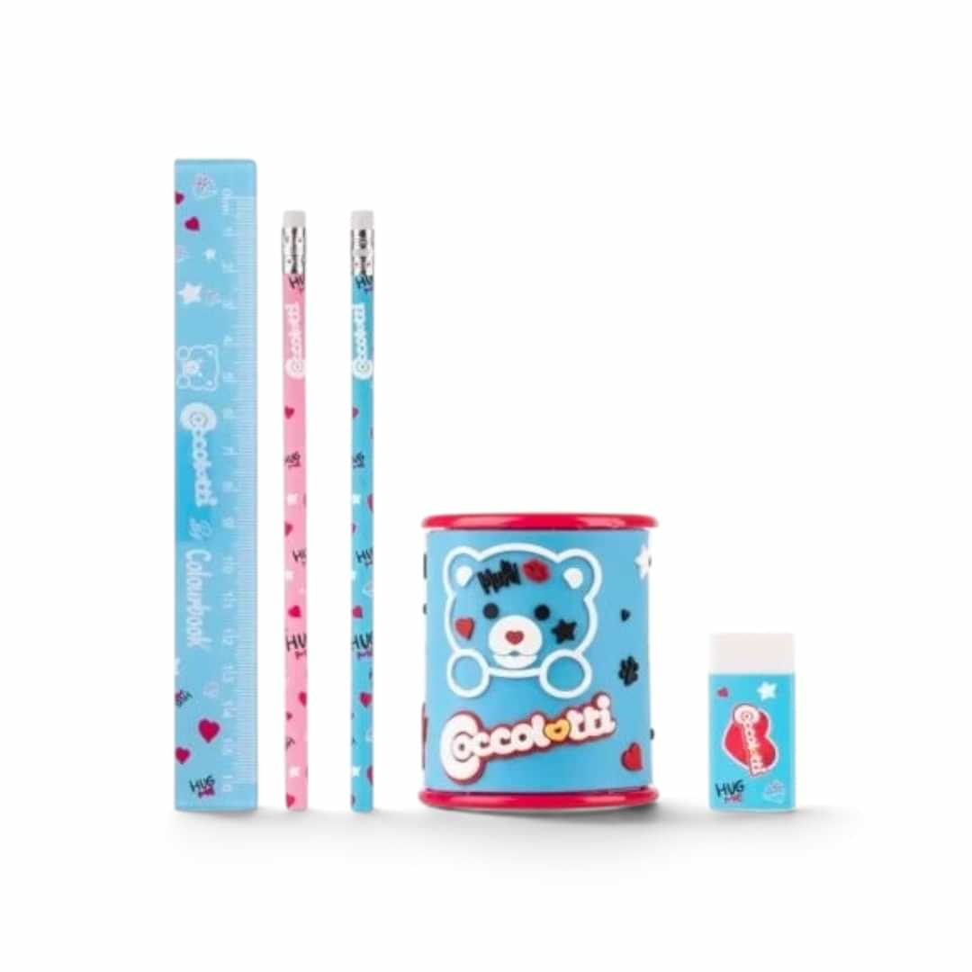 Quiscuola.it – Zaini, Astucci e Diari Scuola Coccolotti stationery kit with blue ruler, pencils, sharpener, and eraser.