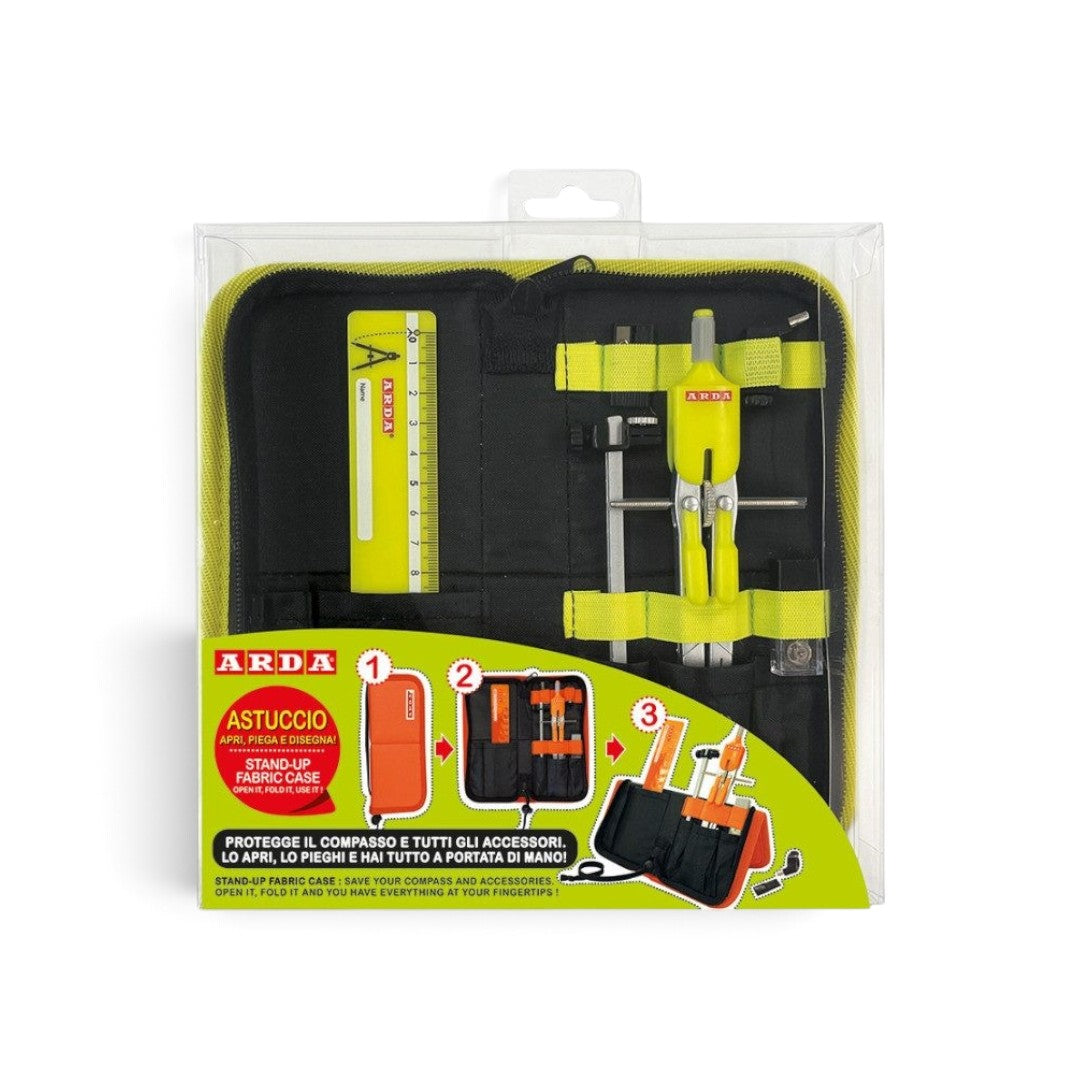 Quiscuola.it – Zaini, Astucci e Diari Scuola compass set in neon yellow with stand-up fabric case and accessories
