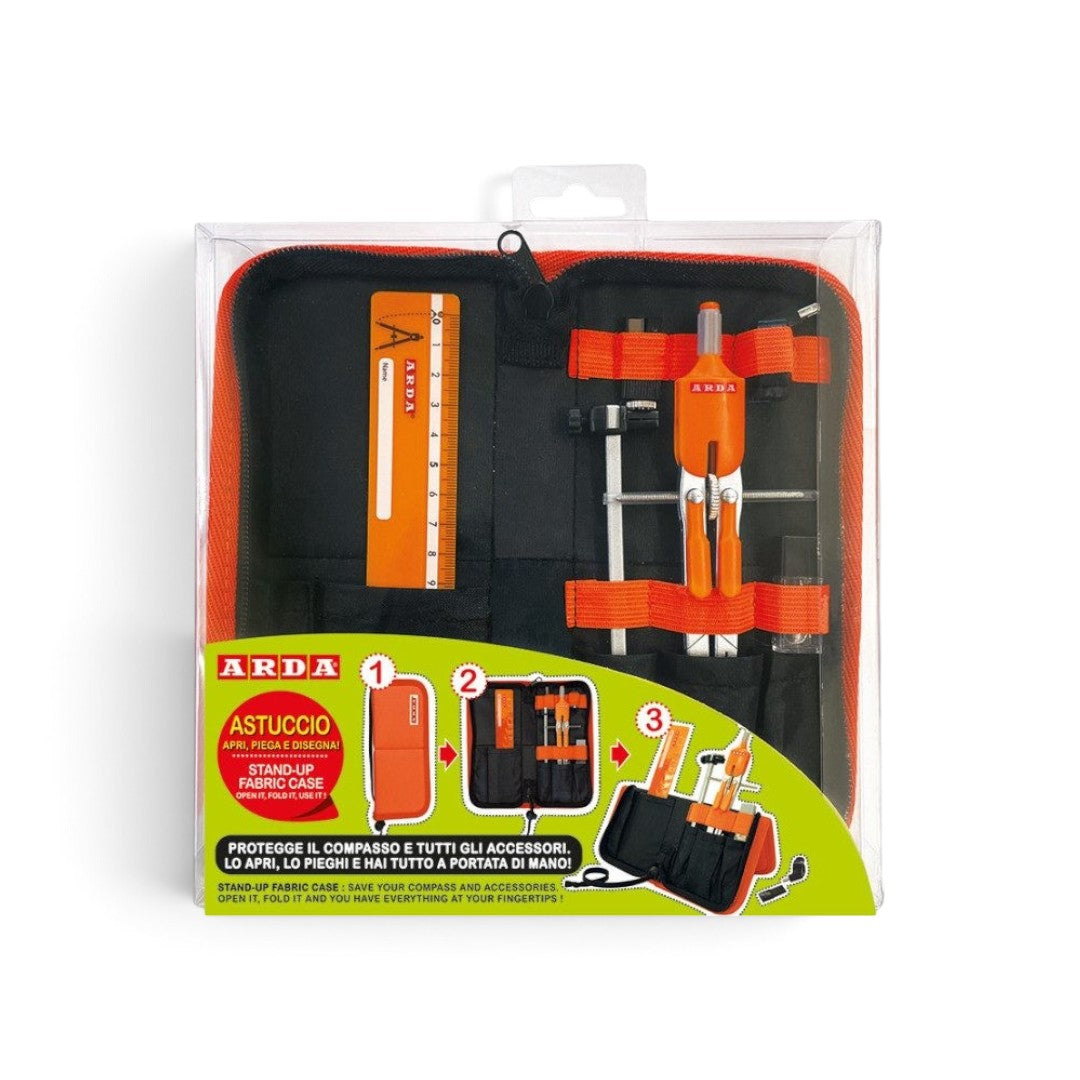 Quiscuola.it – Zaini, Astucci e Diari Scuola compass set with orange and black stand-up case, ruler, and accessories