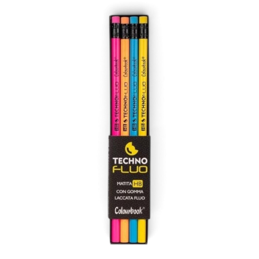Quiscuola.it – Zaini, Astucci e Diari Scuola set of four COLOURBOOK Techno Fluo HB pencils with matching erasers
