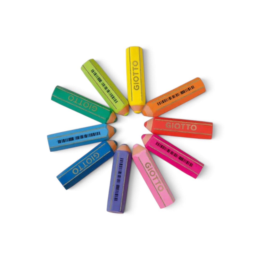 Quiscuola.it – Zaini, Astucci e Diari Scuola Happy Giotto pastel pencil-shaped erasers arranged in a circular pattern