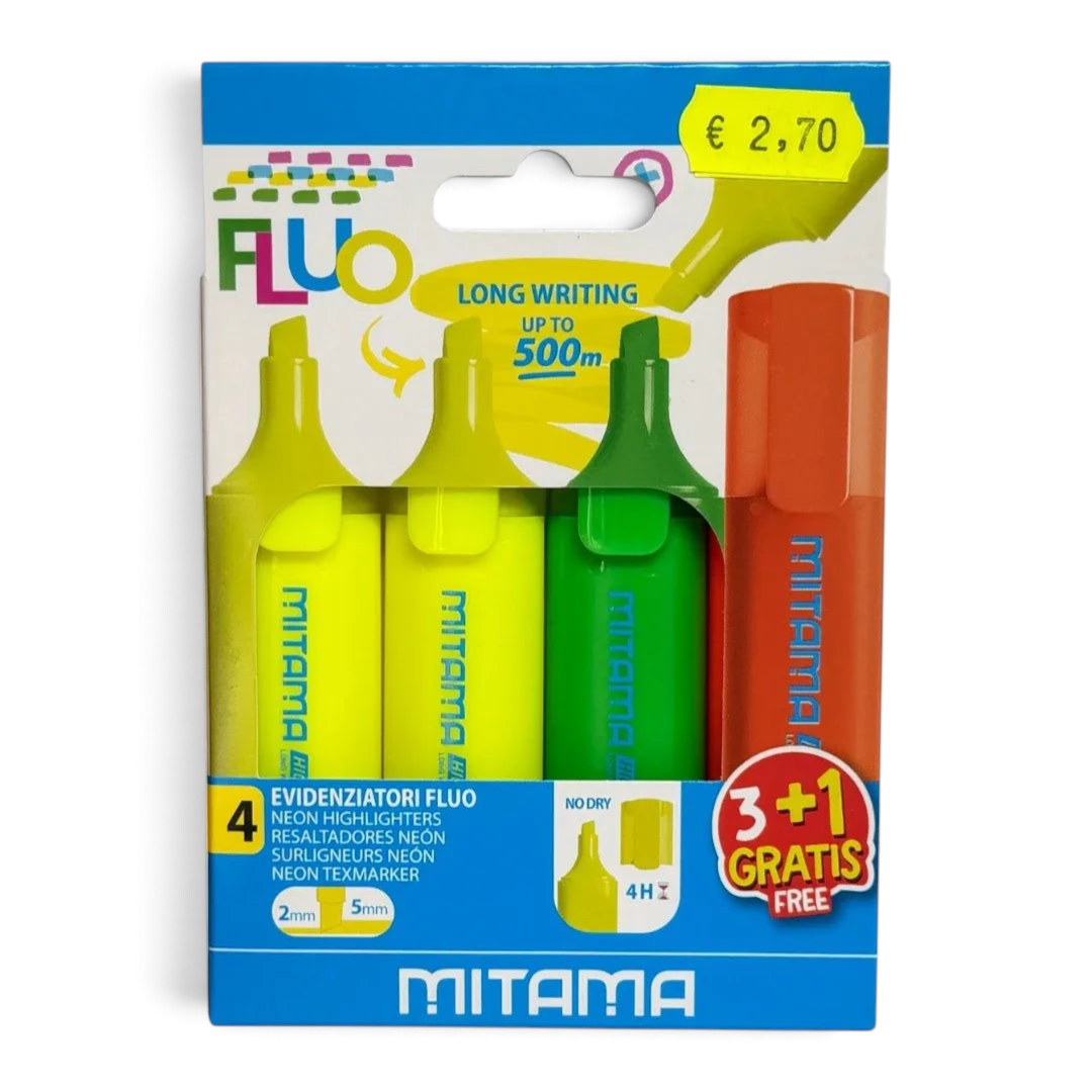 Quiscuola.it – Zaini, Astucci e Diari Scuola Mitama set of 4 neon fluorescent highlighters in blister packaging