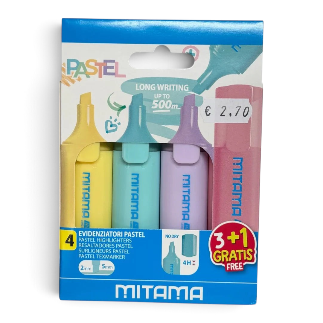 Quiscuola.it – Zaini, Astucci e Diari Scuola set of 4 Mitama pastel highlighters in yellow, blue, purple, and pink