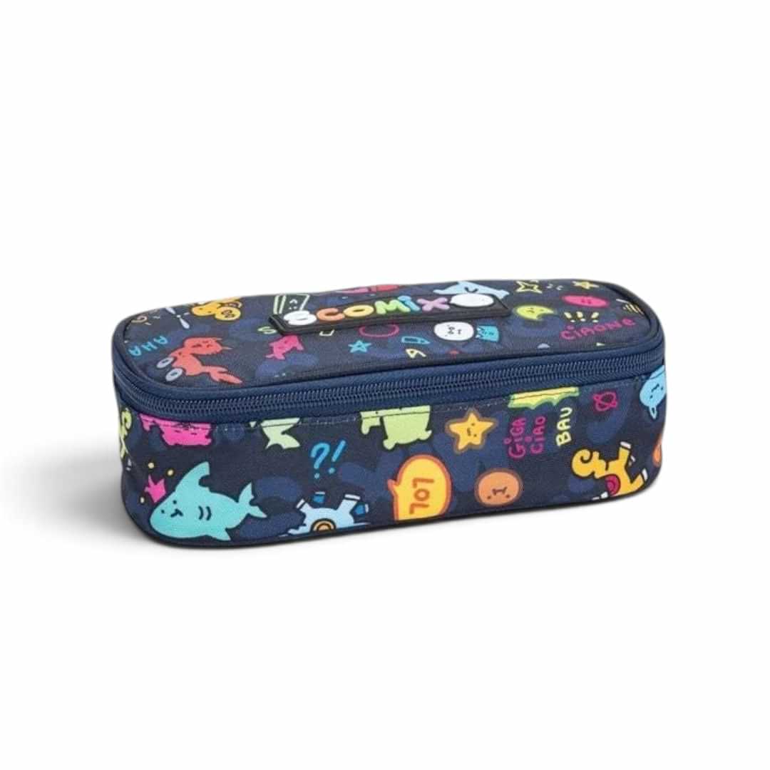 Quiscuola.it – Zaini, Astucci e Diari Scuola oval pencil case with navy blue fabric and colorful allover print