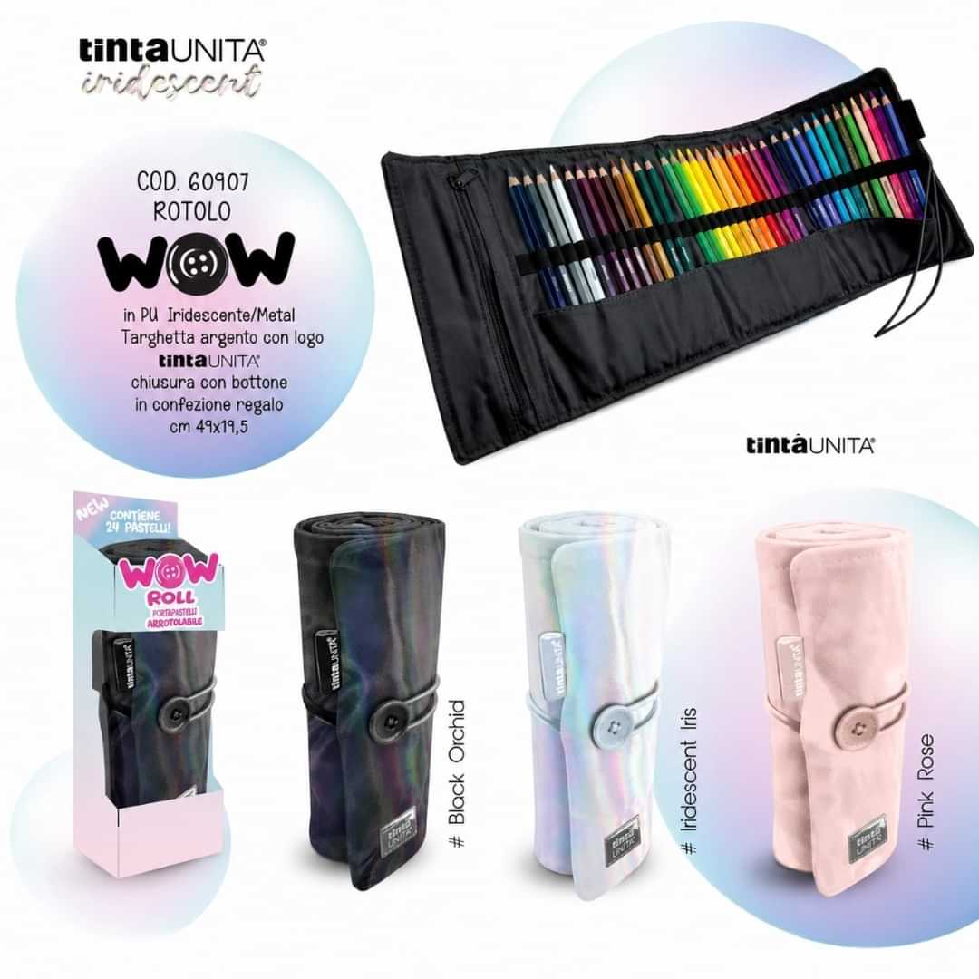 Quiscuola.it – Zaini, Astucci e Diari Scuola roll-up pencil cases in black, iridescent, and pink with 36 colored pencils