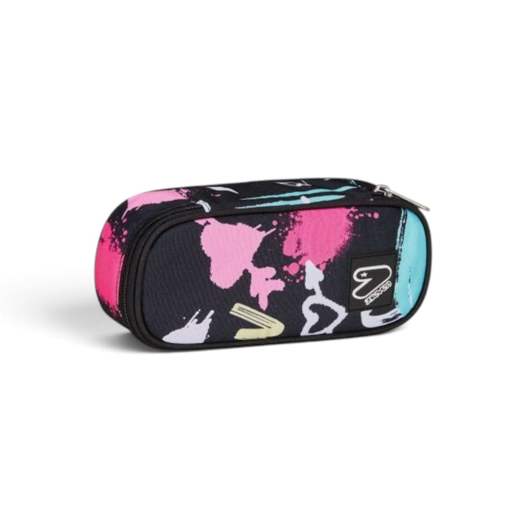Quiscuola.it – Zaini, Astucci e Diari Scuola SEVEN Round Plus pencil case with black, pink, and blue paint splatter