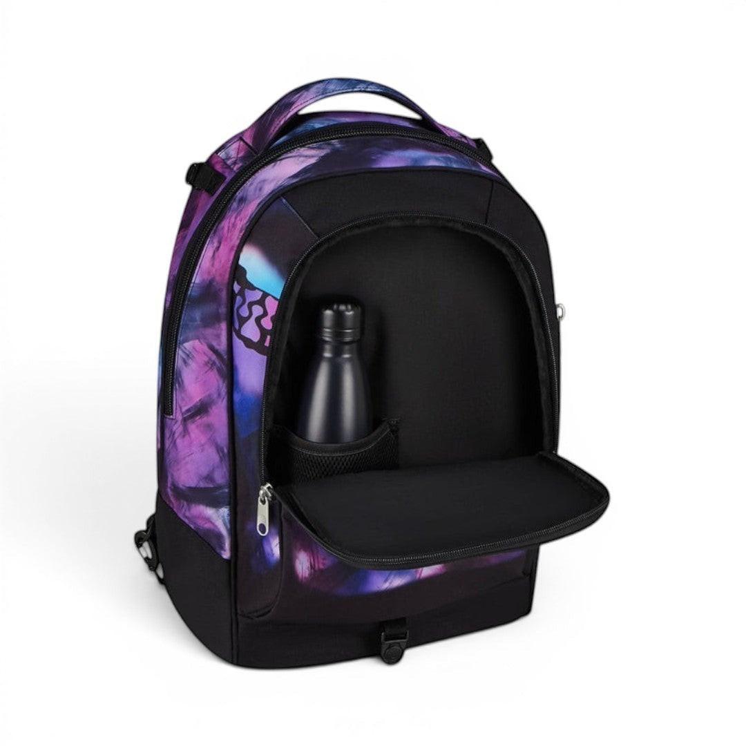Quiscuola.it rolling backpack with galaxy print in purple, pink, and blue. Features a telescopic handle, wheels, and multiple compartments.