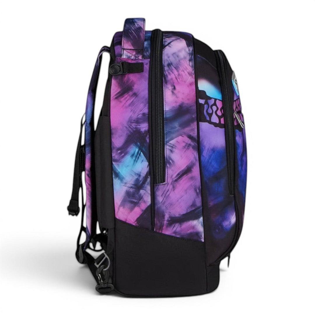 Quiscuola.it rolling backpack with galaxy print in purple, pink, and blue. Features padded straps and multiple compartments.