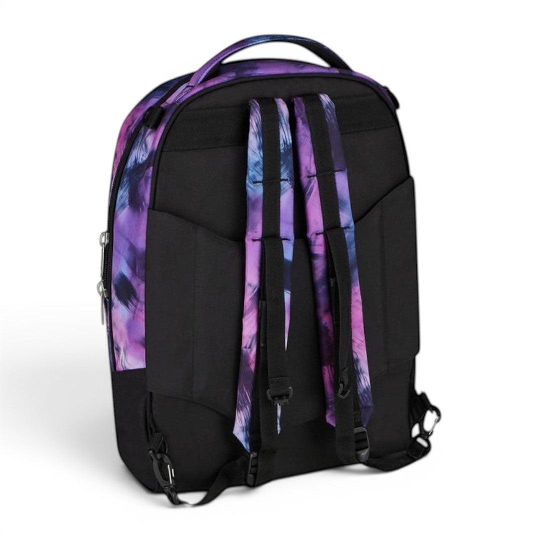 Quiscuola.it rolling backpack with galaxy print in purple, pink, and blue. Features padded straps and multiple compartments.