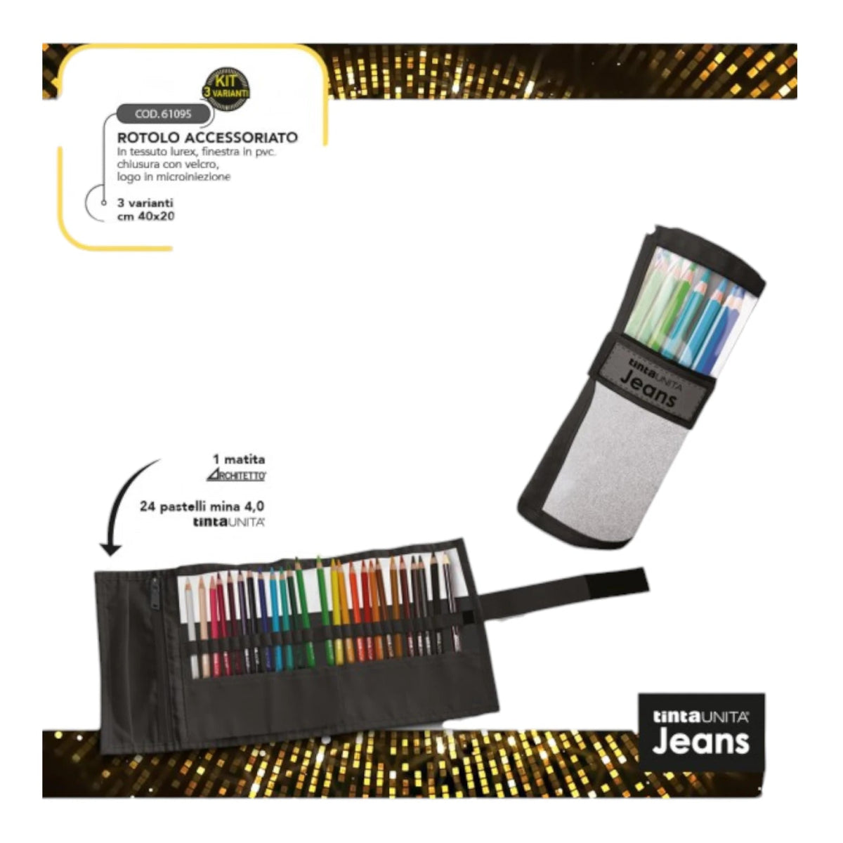 ROTOLO 24 PASTELLI + 1 MATITA TINTA UNITA JEANS LAMINATO ARGENTO.