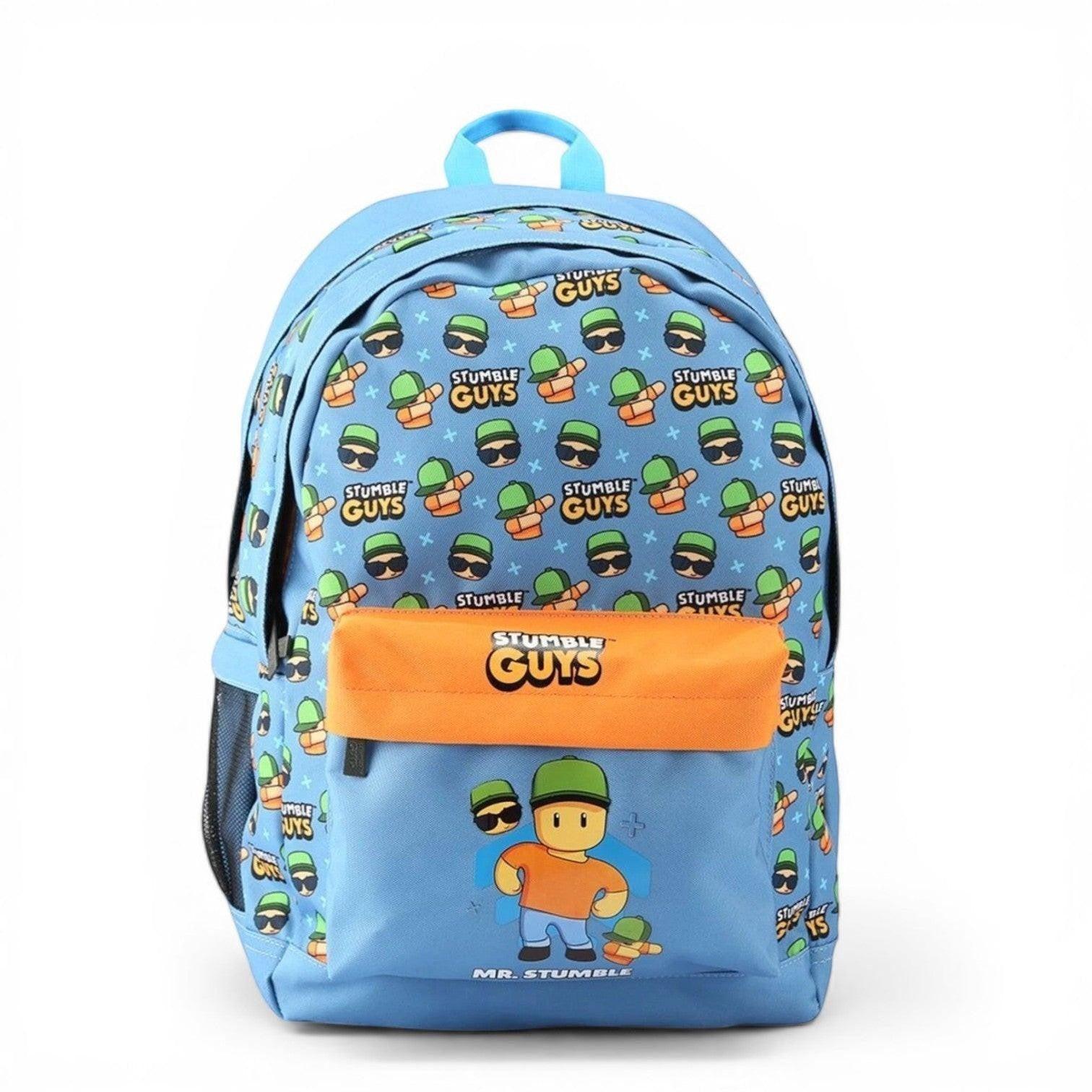 Quiscuola.it Stumble Guys blue egg-shaped backpack with all-over character print and orange front pocket.
