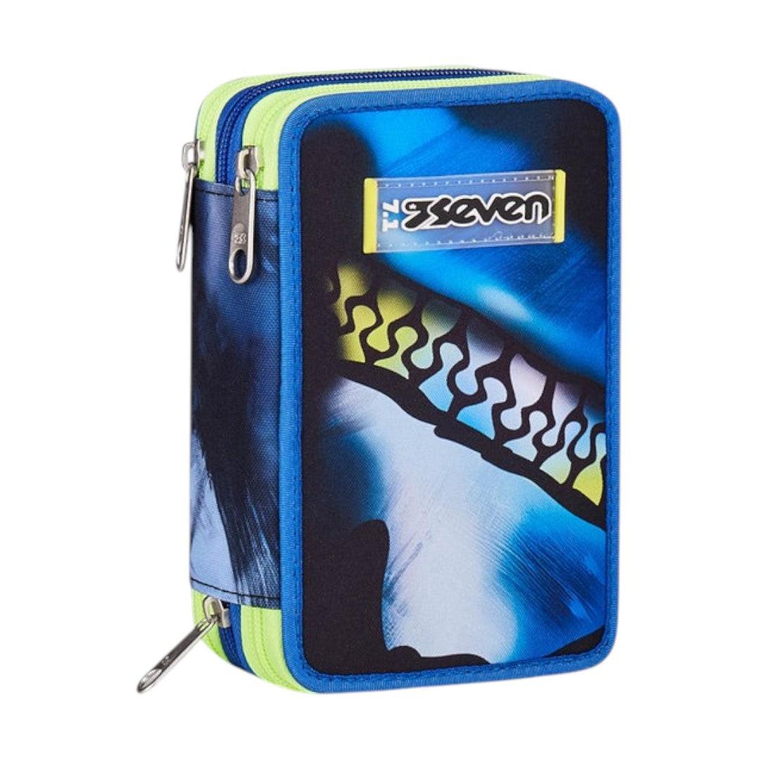 Astuccio Seven 3 Zip Blu Fusion completo scuola.