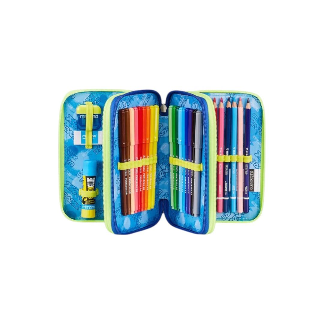 Astuccio Seven 3 Zip Blu Fusion completo scuola.