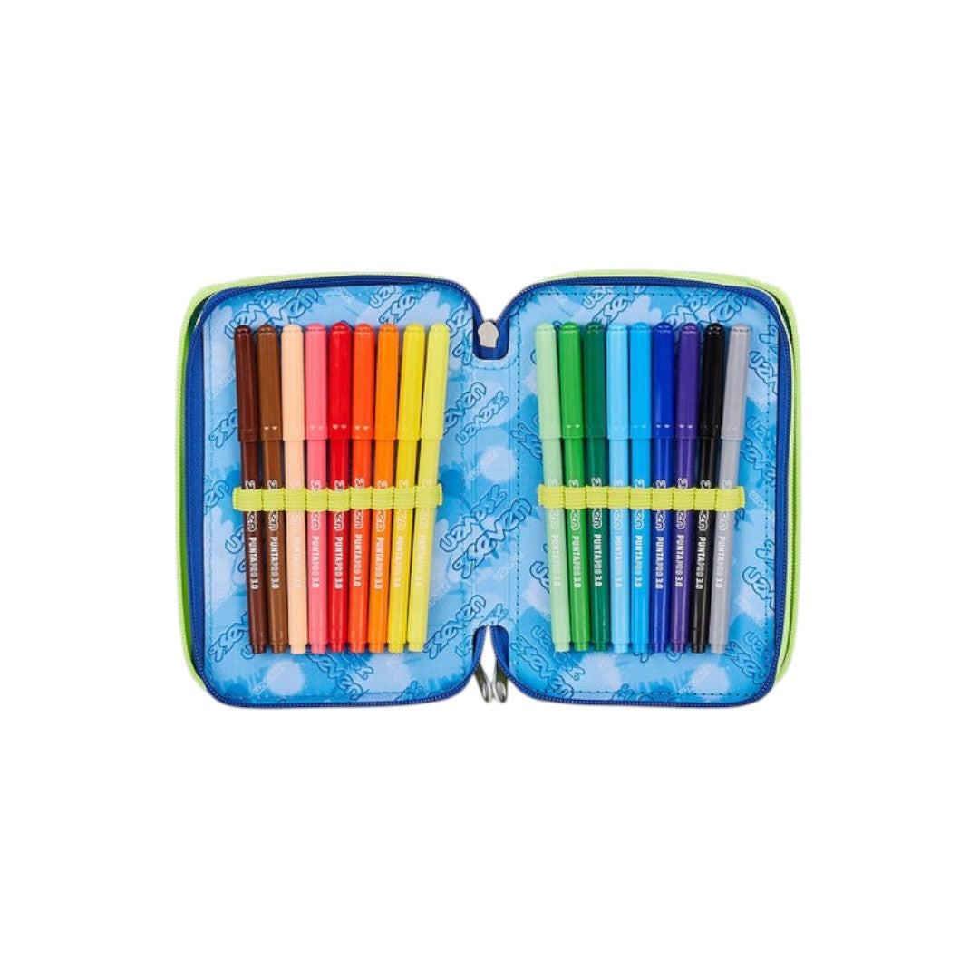 Astuccio Seven 3 Zip Blu Fusion completo scuola.