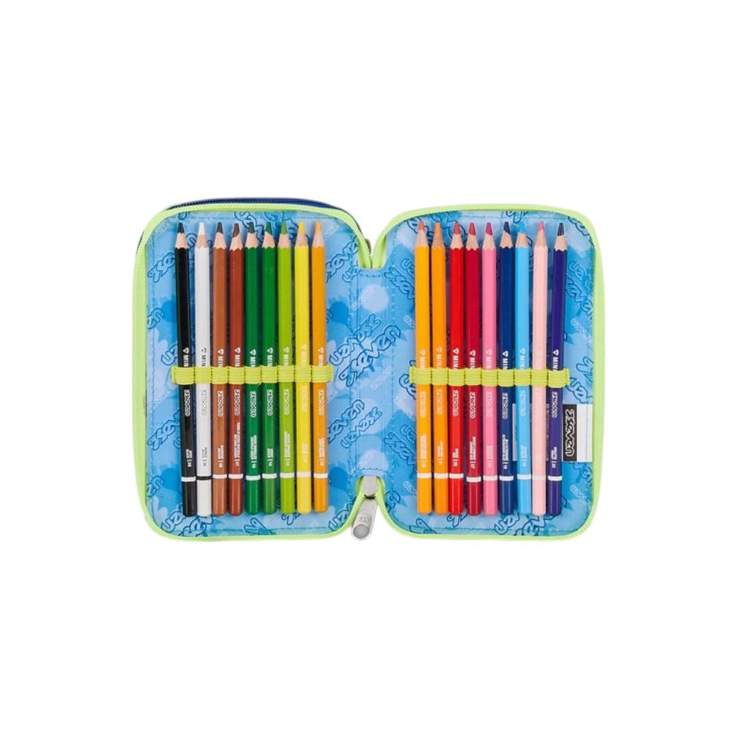 Astuccio Seven 3 Zip Blu Fusion completo scuola.
