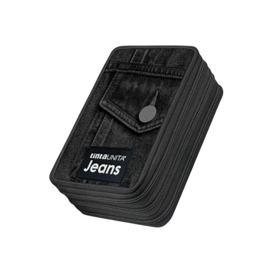 Astuccio 3 Zip Tinta Unita Jeans Nero - Completo di Accessori.