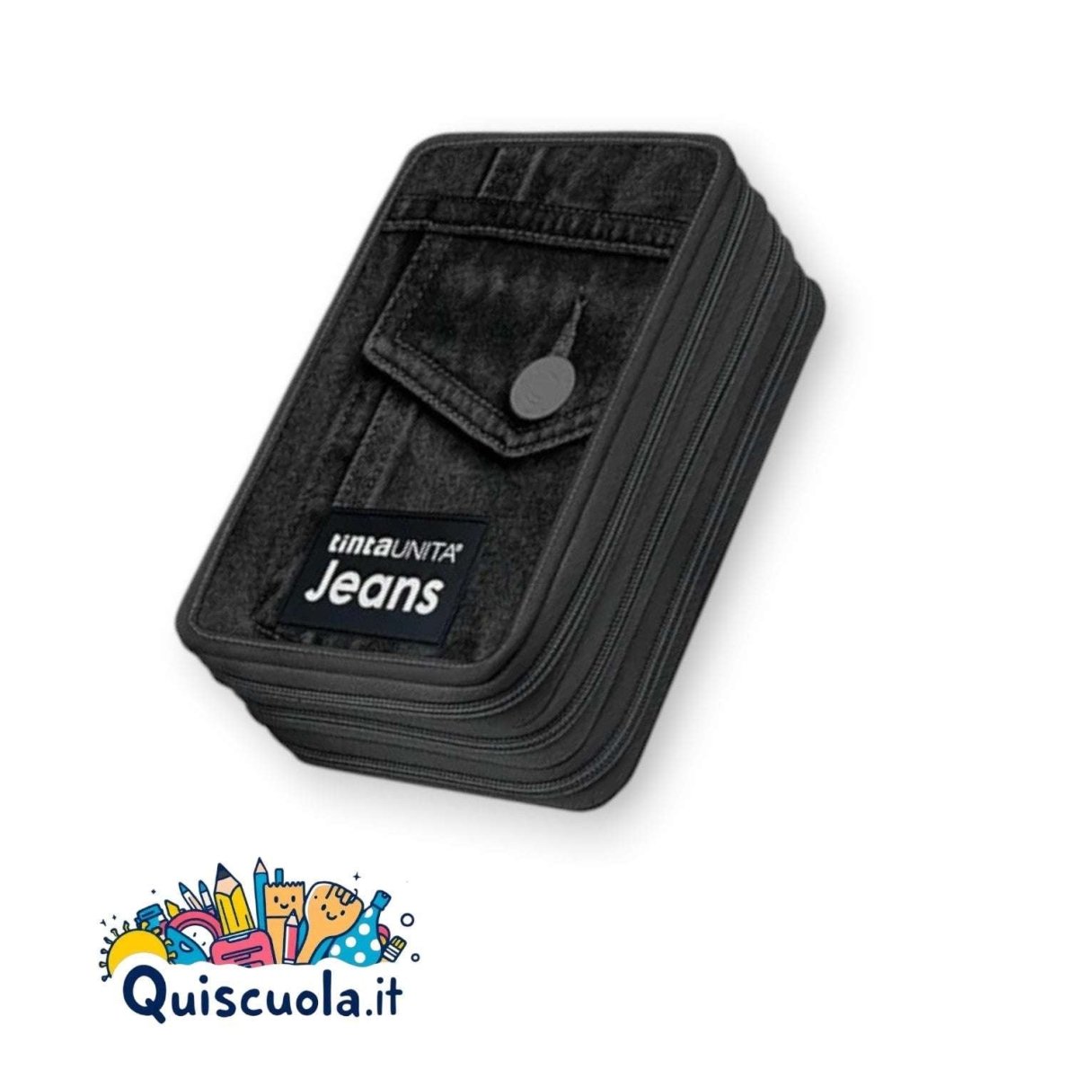 Astuccio 3 Zip Tinta Unita Jeans Nero - Completo di Accessori - Quiscuola