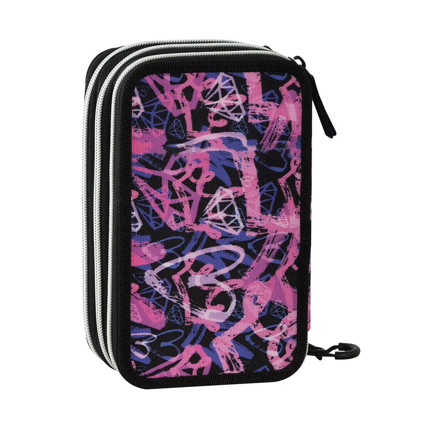 Astuccio scuola Comix 3 zip Princess nero rosa completo.