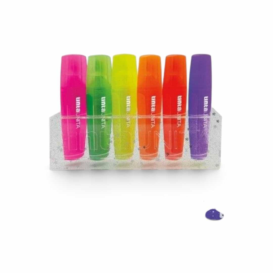 Basetta in acrilico trasparente con evidenziatori fluo glitter e stelline