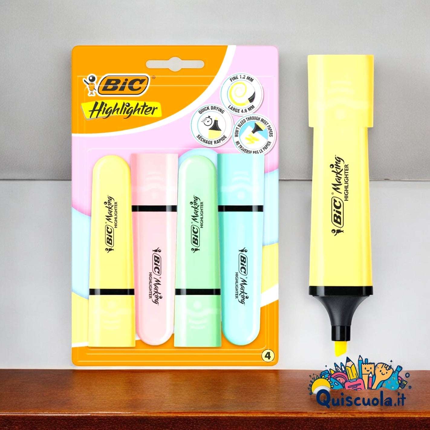 Set 4 Evidenziatori BIC Highlighter – Disponibili in Versione Pastel o Fluo - Quiscuola