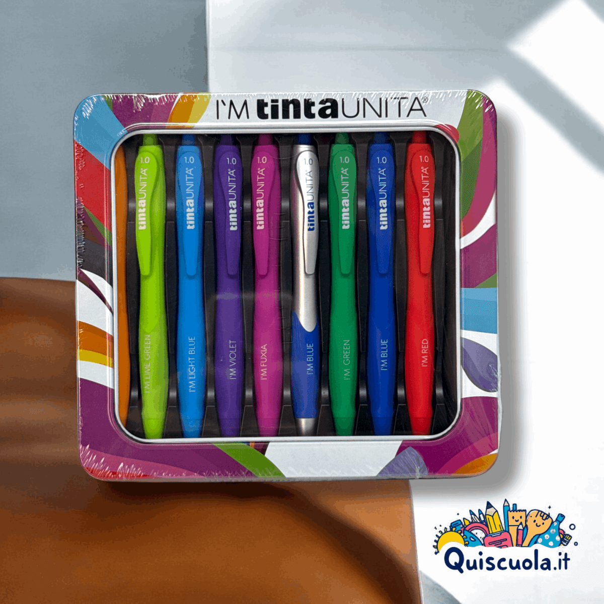 MetalBox 10 Penne a Scatto Colorate – TintaUnita, Gift Box - Quiscuola