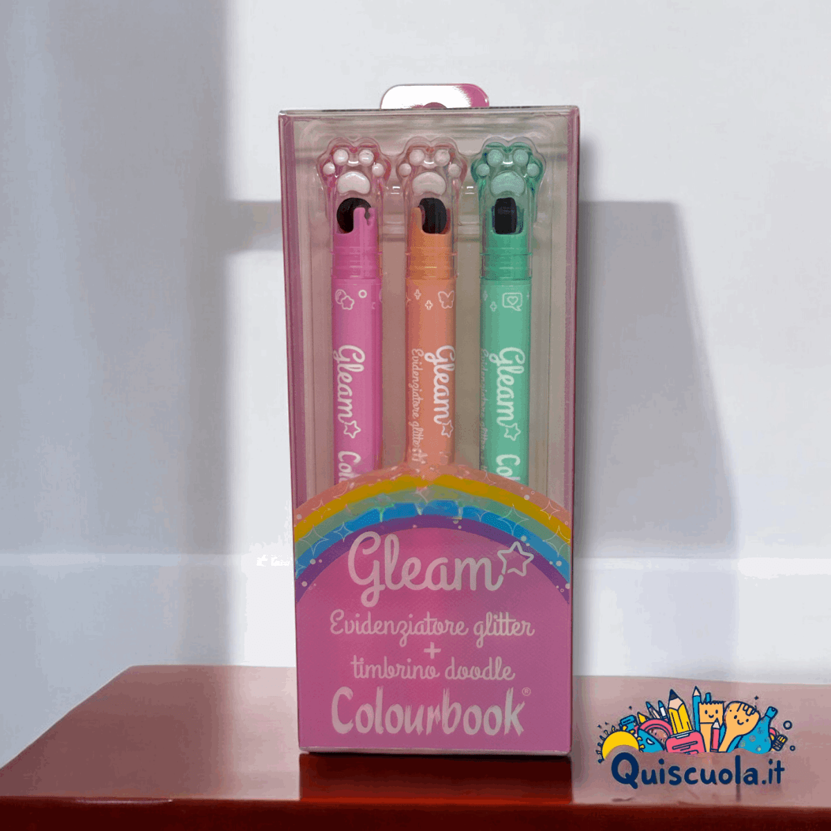 Set 3 Evidenziatori Glitterati con Timbrino – Gleam Colourbook - Quiscuola