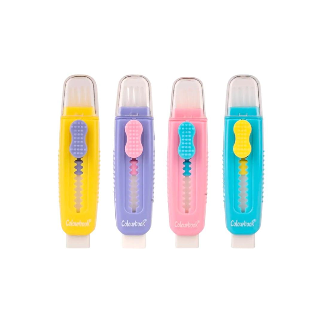 Gomma Colourbook Sweepy con spazzolino integrato per cancellare pulito.